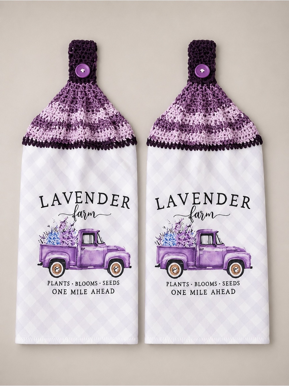 Handmade by Grama Lavender Farmhouse Hanging Kitchen Towel Set of 2 Crochet Top